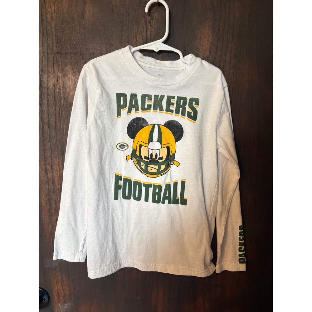 Disney NFL Green Bay Packers Mickey Mouse Long Sleeve Shirt Kids Small 8 White